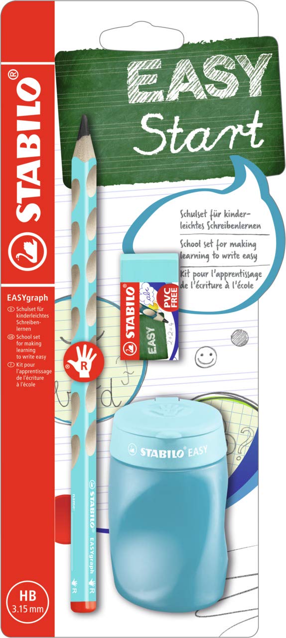 Lápiz de grafito ergonómico STABILO EASYgraph - Set escolar con 1 unidad cuerpo azul + sacapuntas + goma de borrar - Modelo para diestros