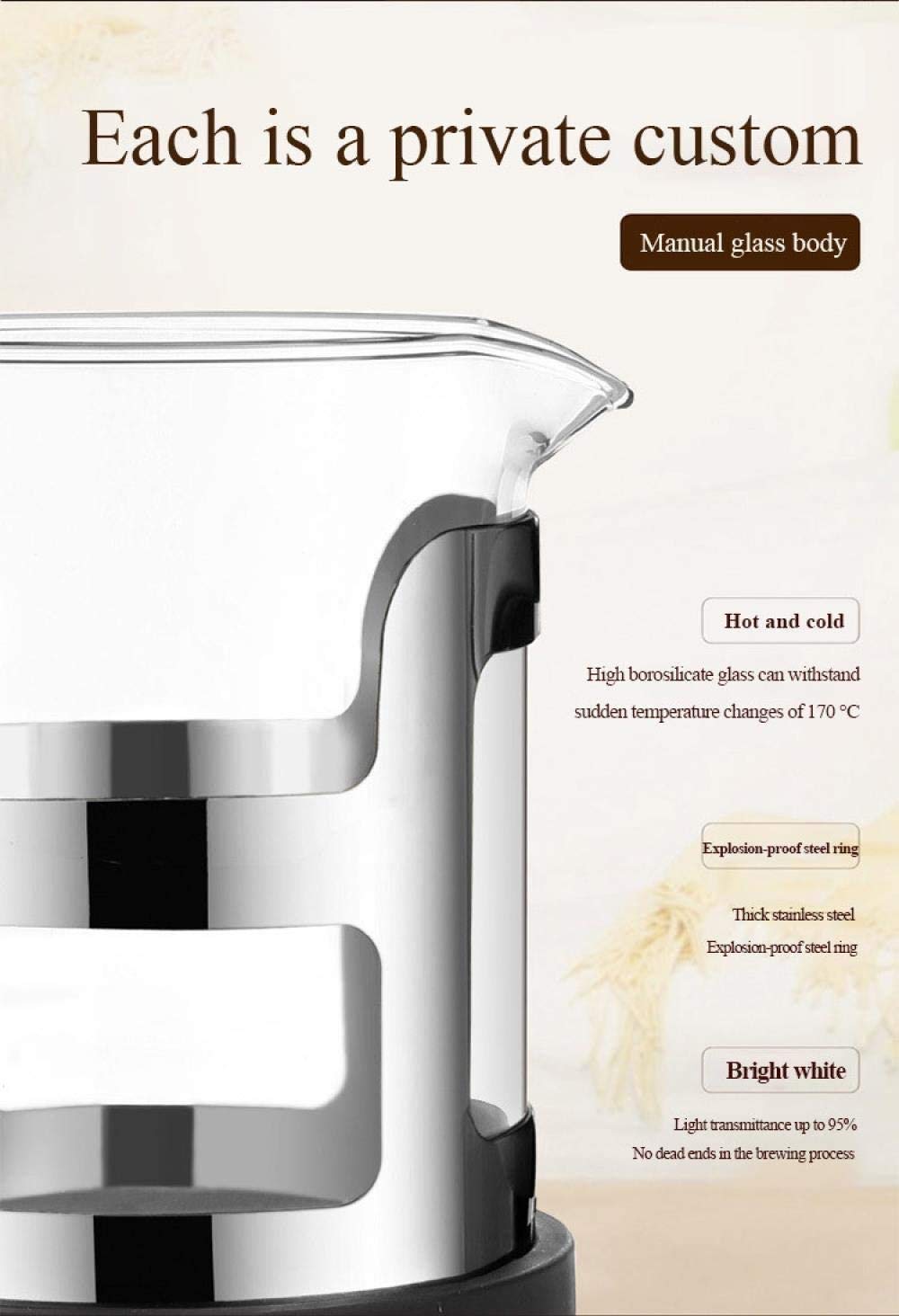 Pote de prensa francesa, conjunto de ollas de café de mano, equipo de vidrio para el hogar y equipo de café, filtración de 4 niveles, borosilicato resistente al calor Café de vidrio prensa ma