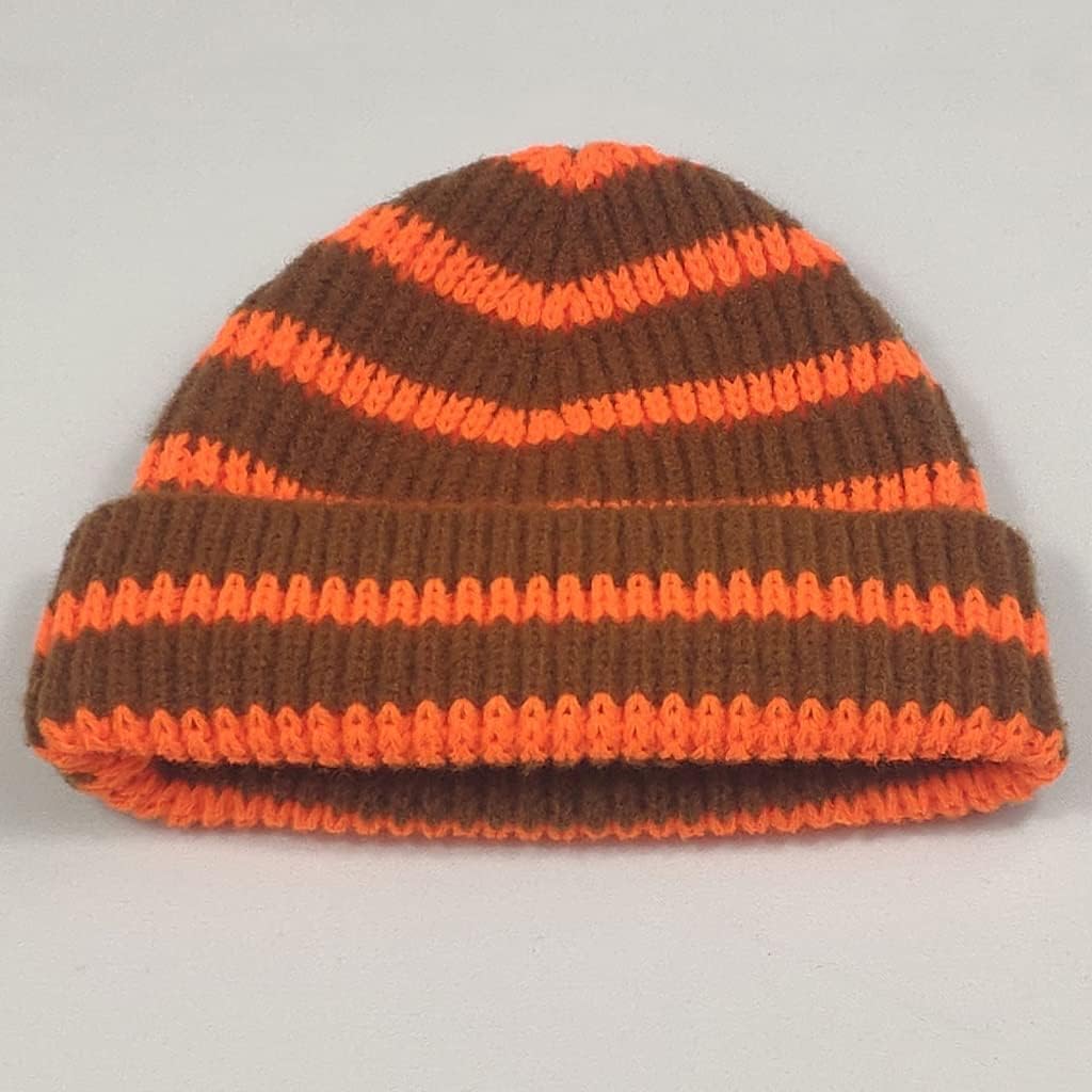 VIDI Short Knitted Striped Hat Winter Beanies for Ladies Men Warm Cuff Cap Lime Green Hot