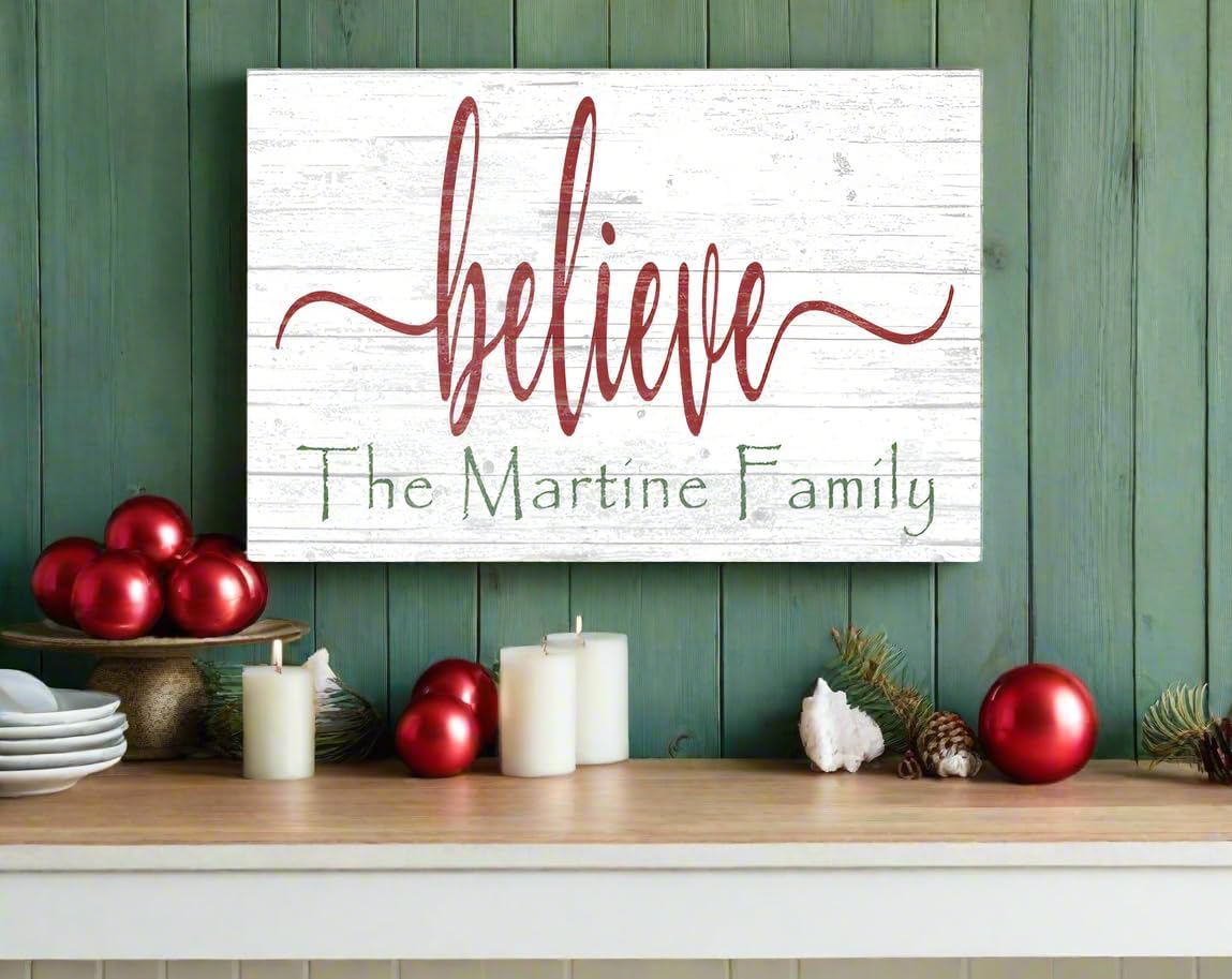 BELIEVE Christmas Sign with Personalized Name - Solid Wood - Custom Family Holiday Wall Decoration - 16.5in x 10.5in