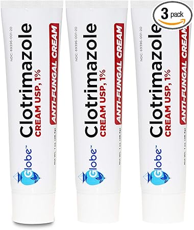 Globe Clotrimazole Antifungal Cream 1% USP, 1 oz (3 Pack), Anti Fungal Treatment, Relieves Itching, Burning, Cracking and Scaling Associated Athletes Foot, Jock Itch, Ringworm and More