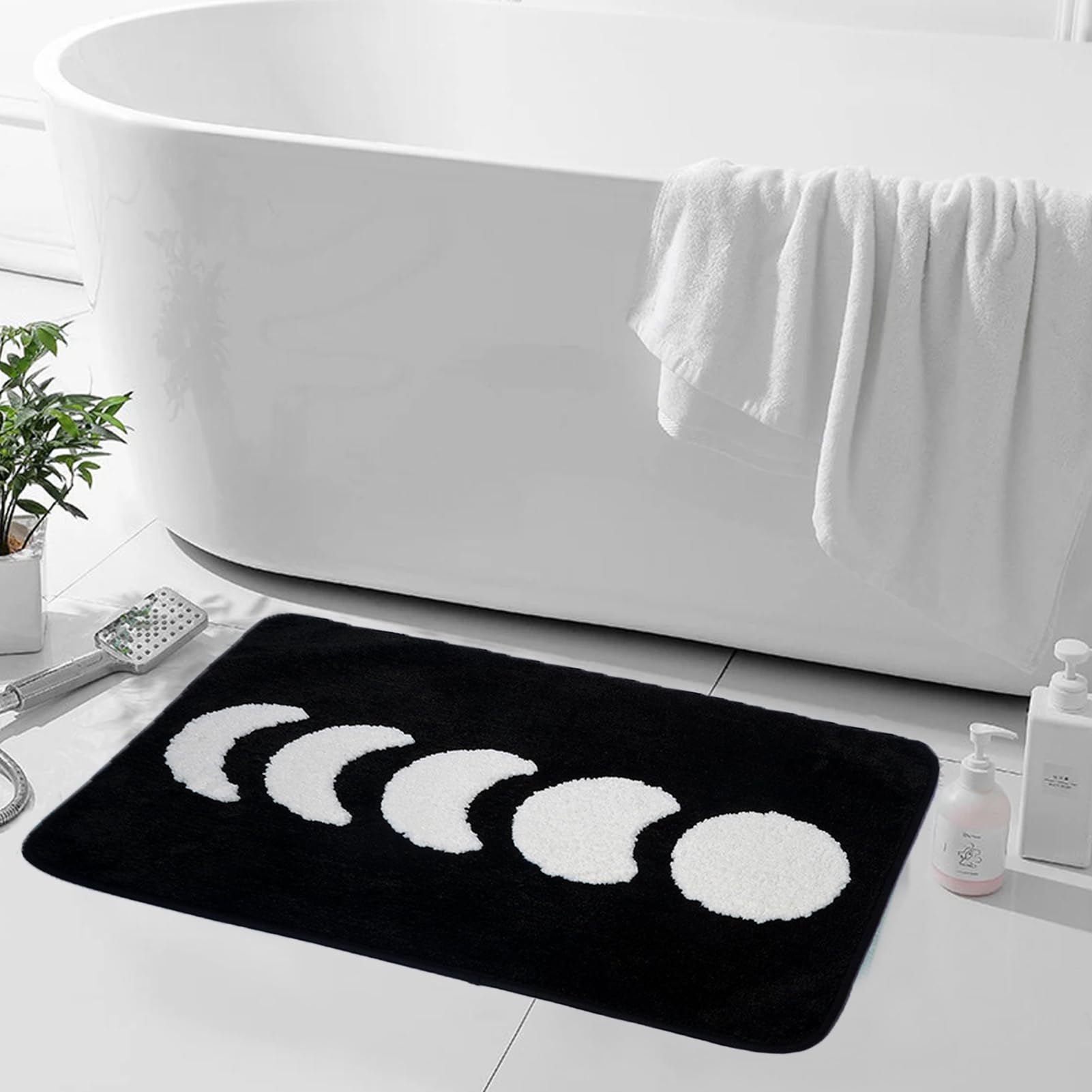 Boho Moon Bath Mat Black and White Bathroom Rugs Water Absorbent Bath Rugs Non Slip Bath Rug for Shower, Bedroom, Toilet,Washable Microfiber Bath Mats(24 inch X 16 inch)