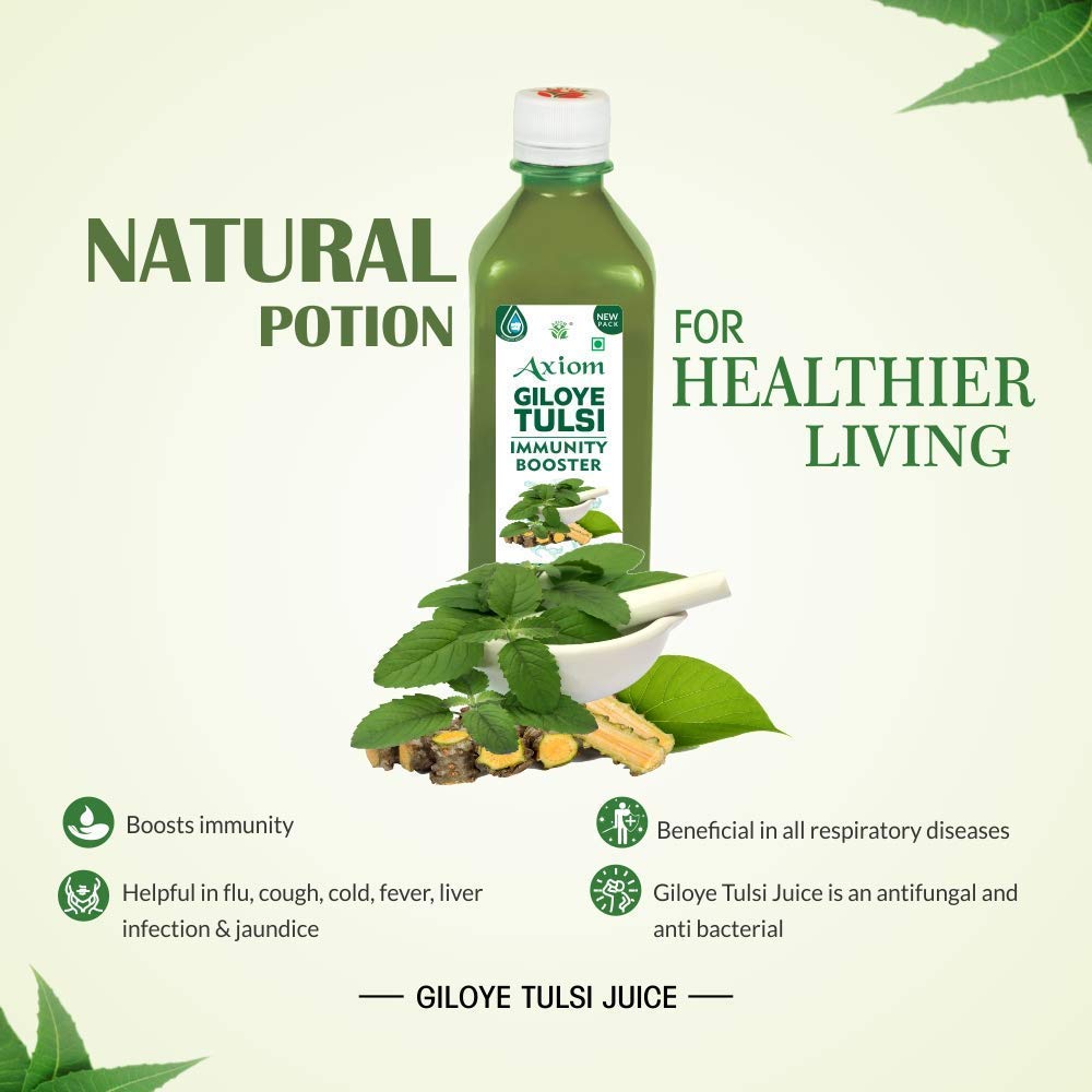 Axiom Pure Tulsi Giloy Stem Juice 500 ml | Herbal Juice for Healthy Life | Immunity Booster | WHO GMP, GLP Certified Product | Pack of 2 1