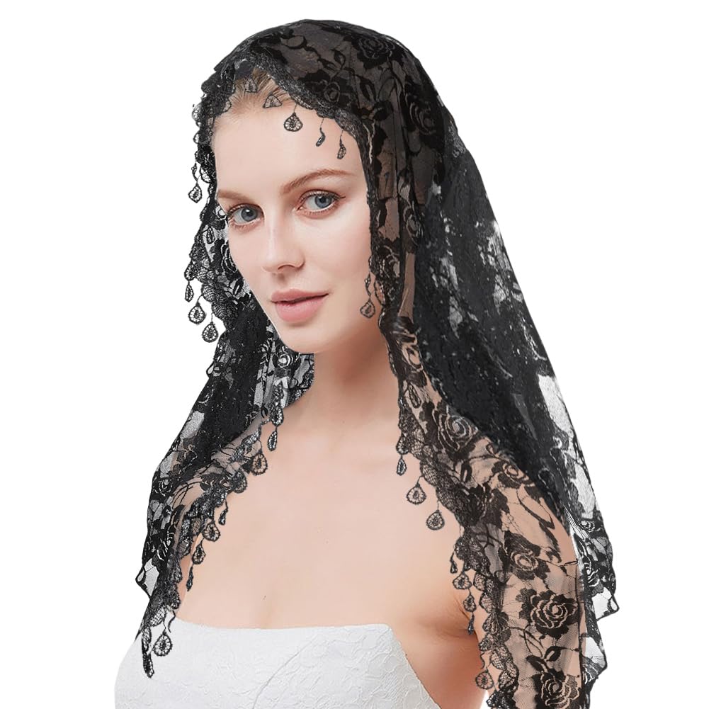 2 Velo Triangular de Encaje de Poliéster con Flores, Diade de Encaje, Chal, Bufanda Latina, Diade de Rosas Negras, Mantilla, Cátedra, Velo de Capilla para Mujeres, Da de Honor de Bodas