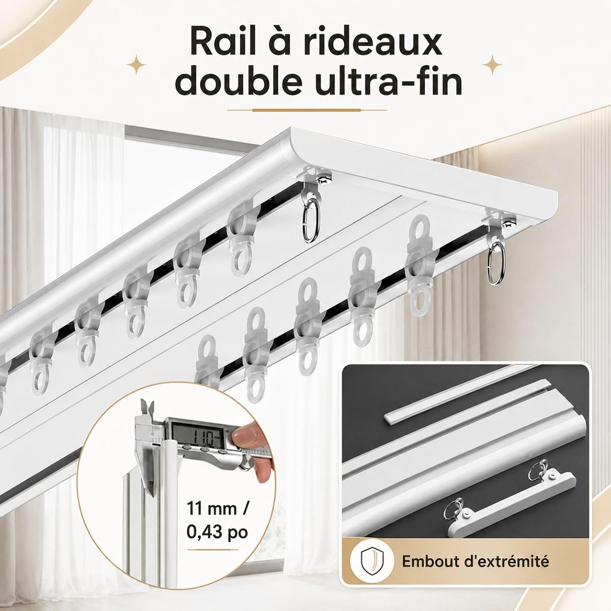 Tringle Rideau Extra-Plat Plafond, Rail de Rideau Double 2 Voies en Aluminium Robuste, Système Coulissant Silencieux, Salon, Séparateur de Pièce, 150-500cm, Finition Blanc