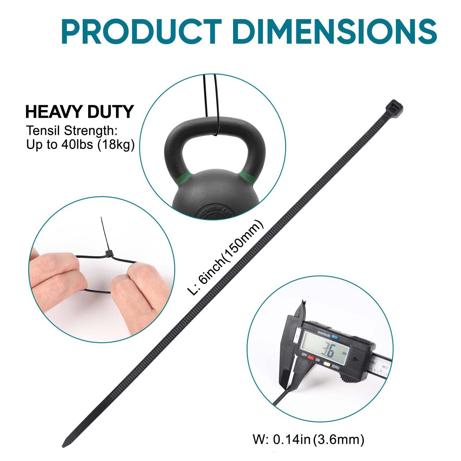 Viuxule Cable Ties 1000pcs, 3.6x150 mm Zip Ties Black, 6 inch Industrial Nylon Tie Wraps UV-Resistant - Image 2