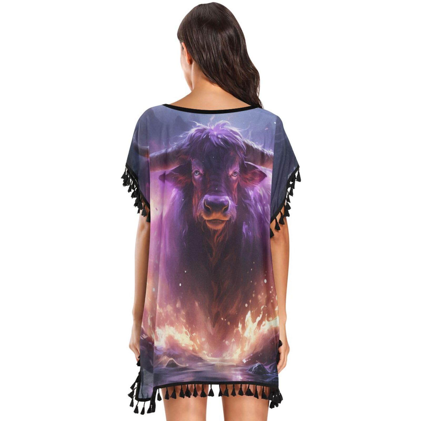 Angry Cow Purple Fire Women's Beach Cover Up Chiffon Tassel Swimwear Swimsuit Coverups for Girl