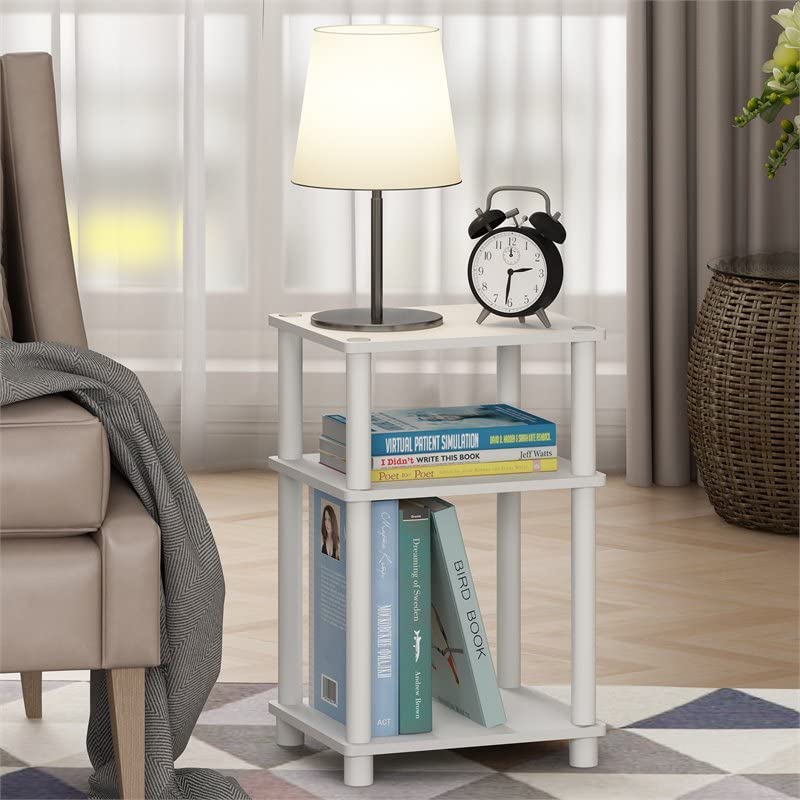Furinno-Just-3-Tier-Turn-N-Tube-End-Table-Side-Table-Night-Stand-Bedside-Table-with-Plastic-Poles-2-Pack-WhiteWhite-and-Furinno-Luder-Bookcase-Book-Storage-5-Cube-White