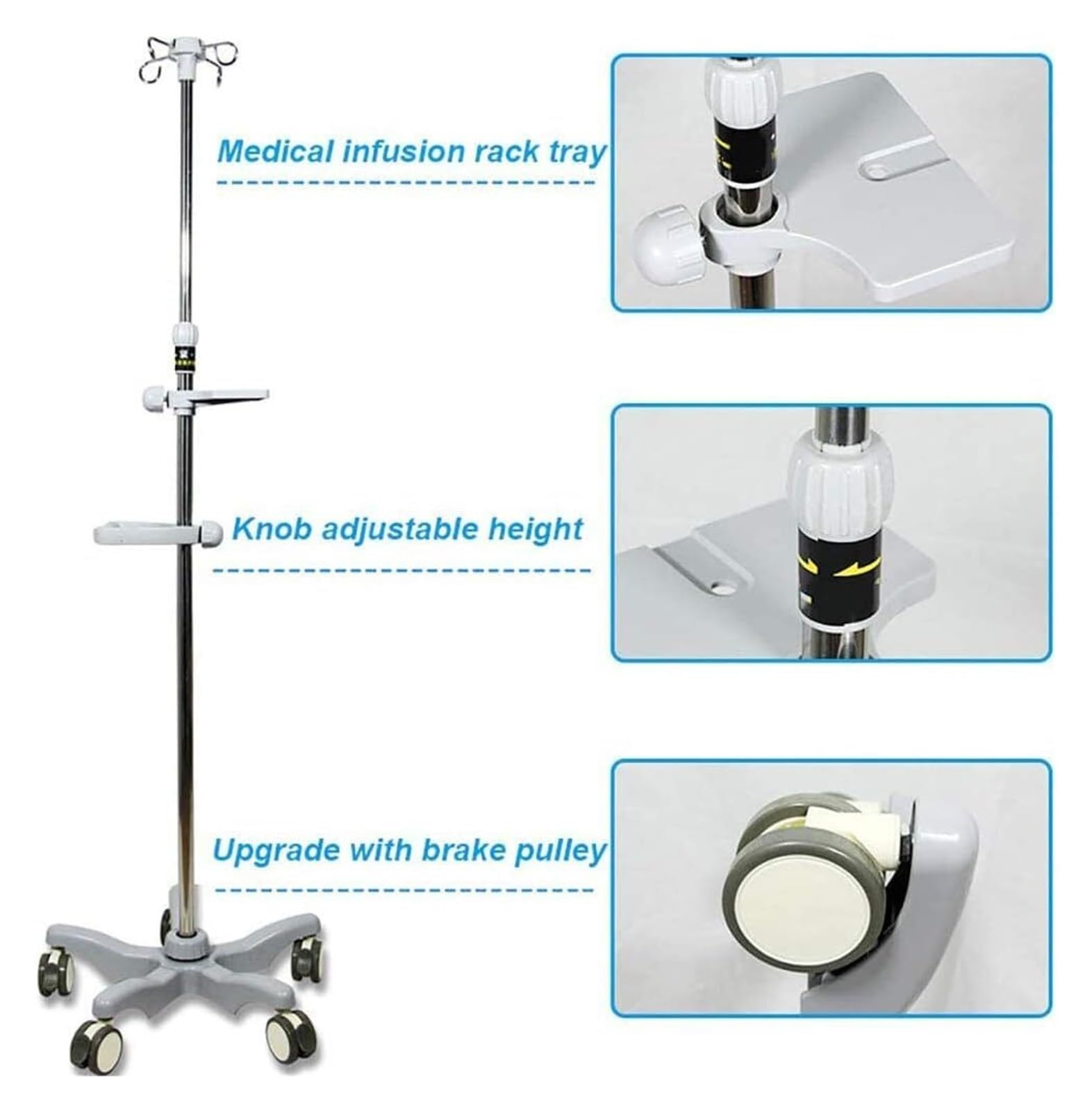 Cavalletto per Flebo Regolabile 110-200 cm - Asta Porta Flebo con 4 Ganci e Base a 5 Gambe in Acciaio Inox, Leggero con Ruote per Casa, Ospedale e Ambulanze