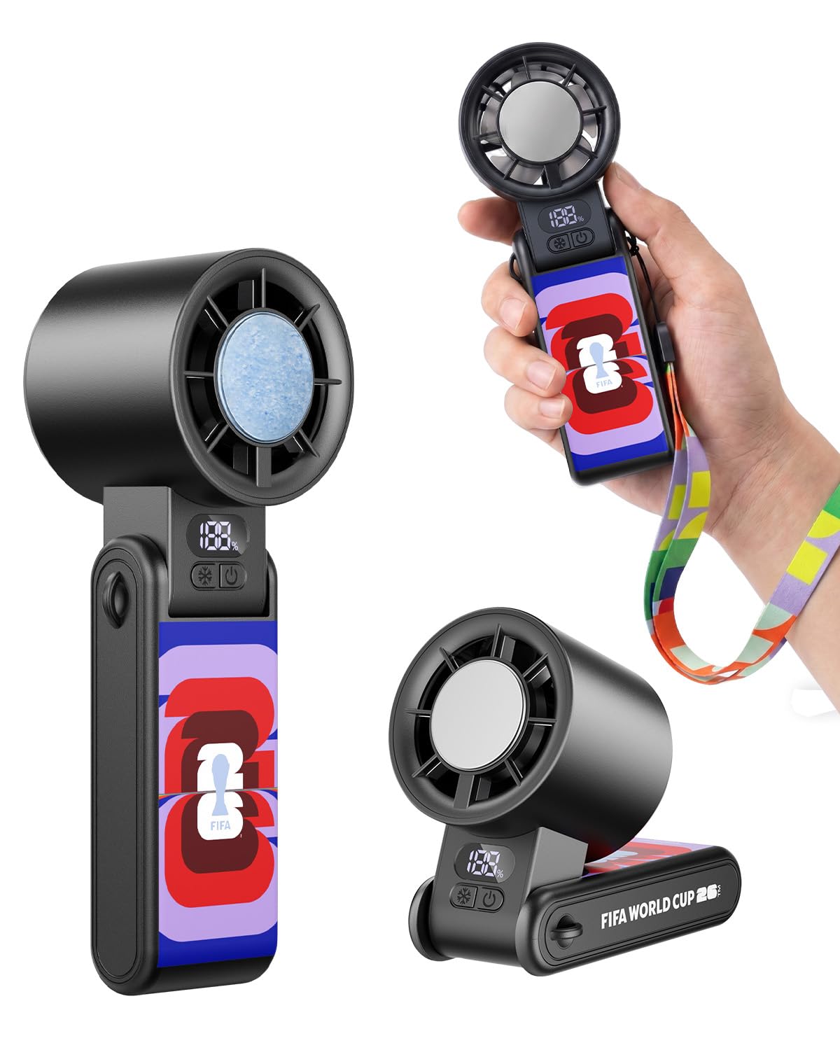FIFA WM 2026 Handventilator Akku Aufladbar, Turbo Fan mit Kühlfunktion | 1-199 Stufenlos, 3600 mAh, 13.500 U/min, 150° Neigbar, Perfekte Geschenk für Fußballfans, Farbig | Offiziell Lizenziert