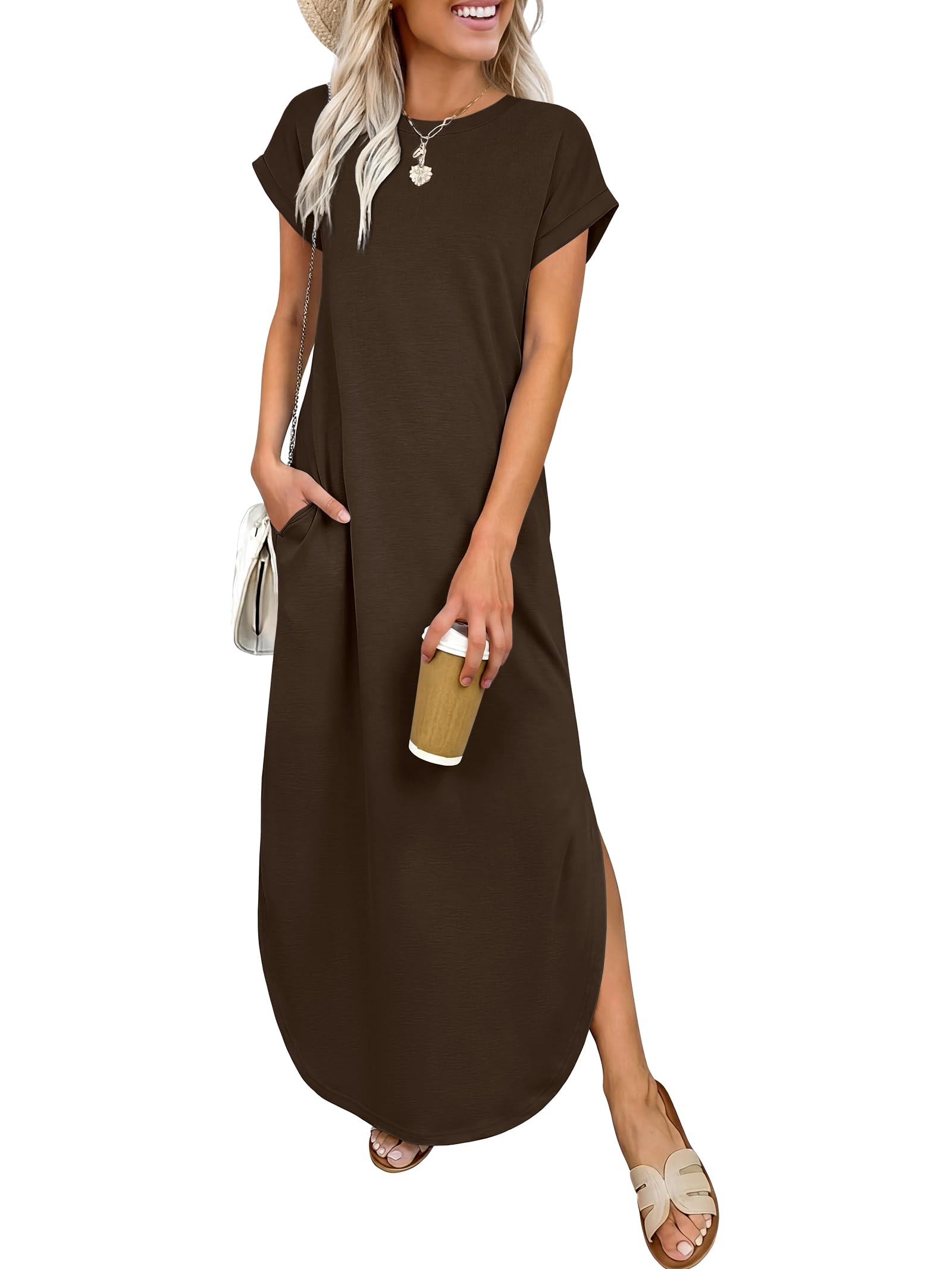 ANRABESS Womens Summer Maxi Dress 2026 Casual Short Sleeve Loose Split Wrinkle-Free Beach Vacation Long Sundress with Pockets