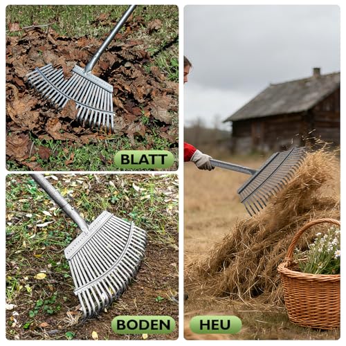 ZHJAN Rechen Garten,25+11 Zinken Laubrechen mit Stiel Metall, Verstellbarer Stiel (70-185 cm),Schwerlast Laub,Gartenharke für Laub, Rasen, Boden,inkl. 2 Handschuhe