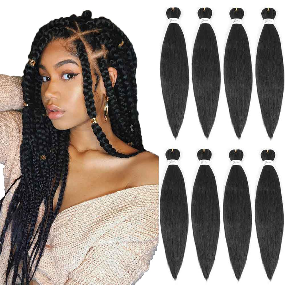 [MULTI PACKS DEAL] Black Pre Stretched Crochet Braiding Hair 24 Inch - 8 Bundles Hot Water Setting Jet Black Natural Soft EZ Braids Professional Yaki
