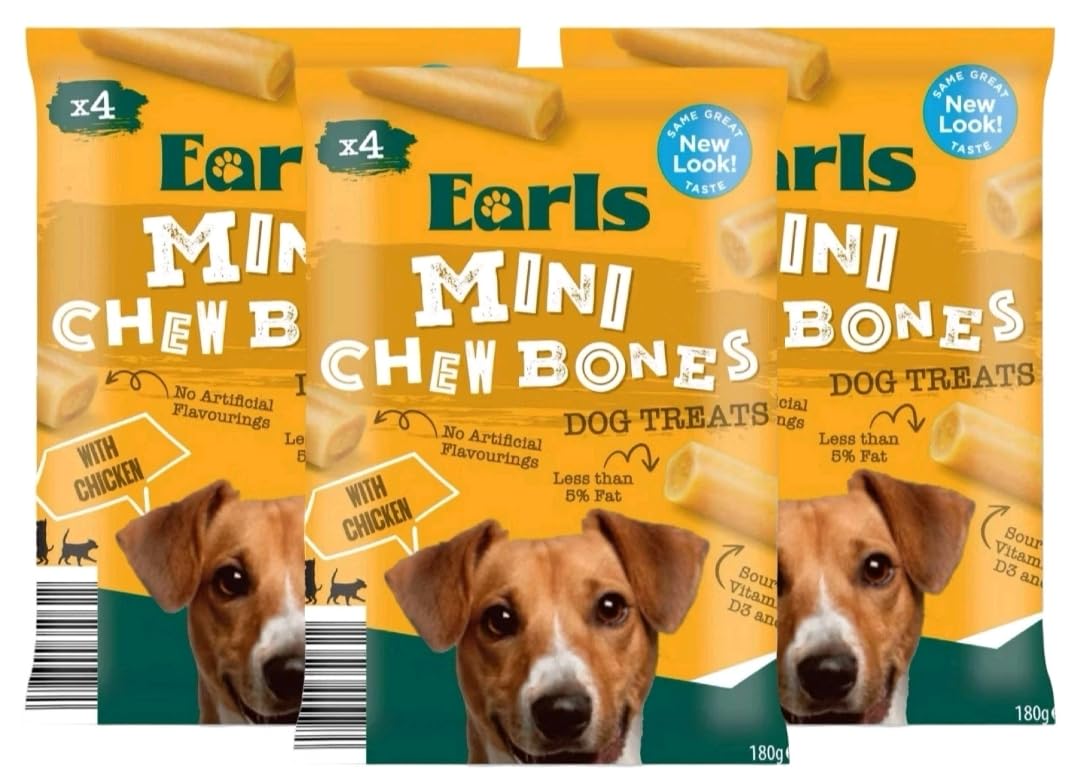 Bizzal Earls Mini Chew Bones Dog Treats with Chicken, No Artificial Flavourings, Less than 5% Fat, 180g, Pack of 3