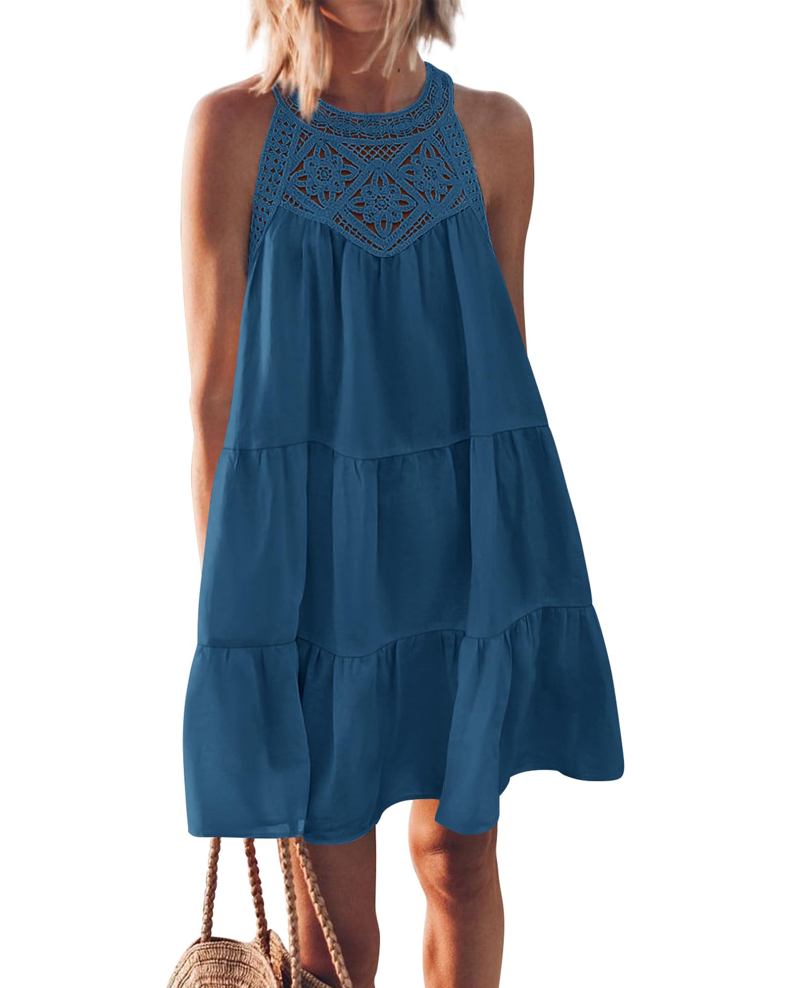 BTFBM Women Summer Dresses 2026 Casual Spring Clothes Sleeveless Halter Neck A-Line Boho Mini Dress Beach Vacation Sundress