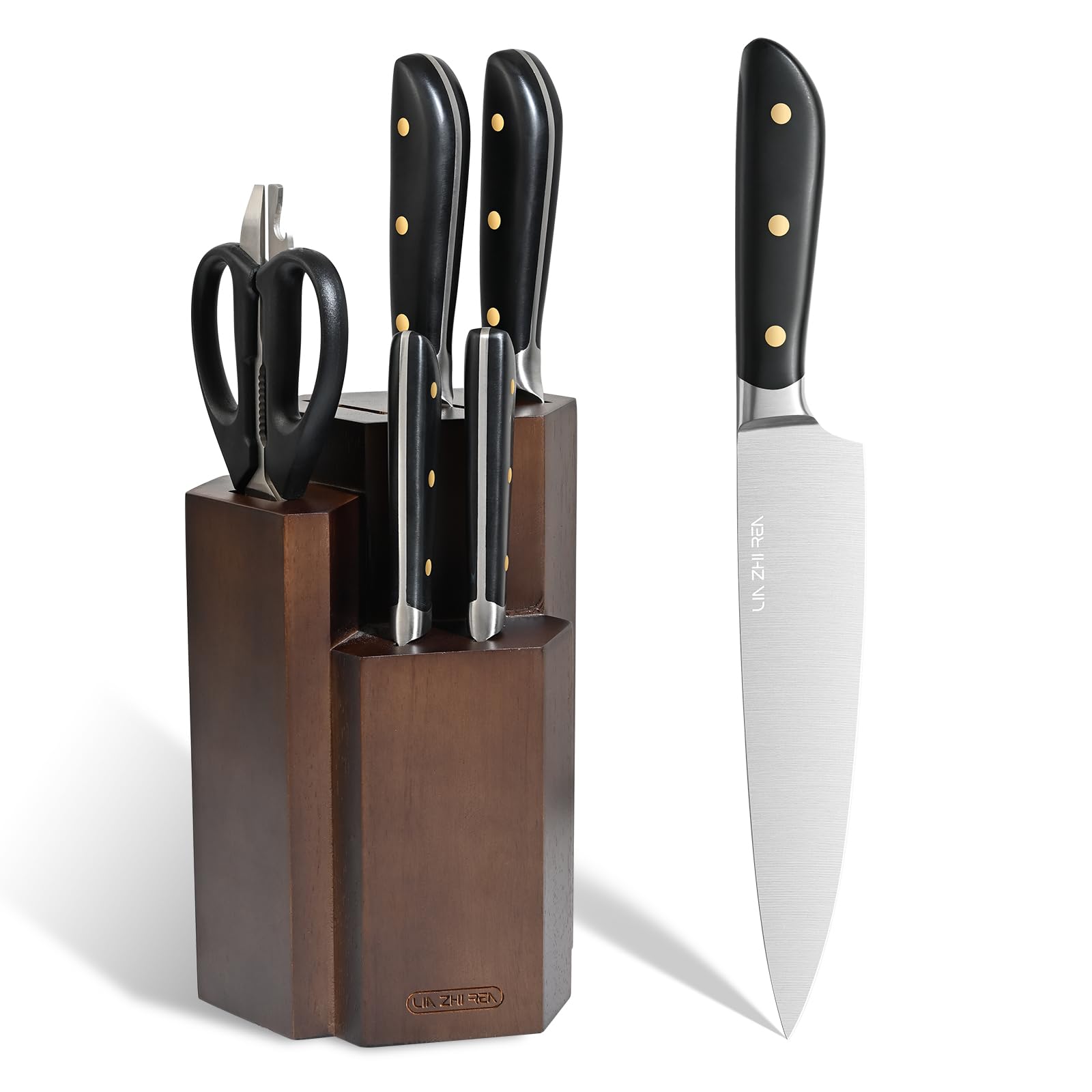 LIN ZHI REN Kitchen Knife Set with Block, 7-Piece Professional Stainless Steel Chef Knife Set, Full Tang Triple Rivet Ultra Sharp Knives, Ergonomic Handle for Home Kitchen & Professional Use (Black)
