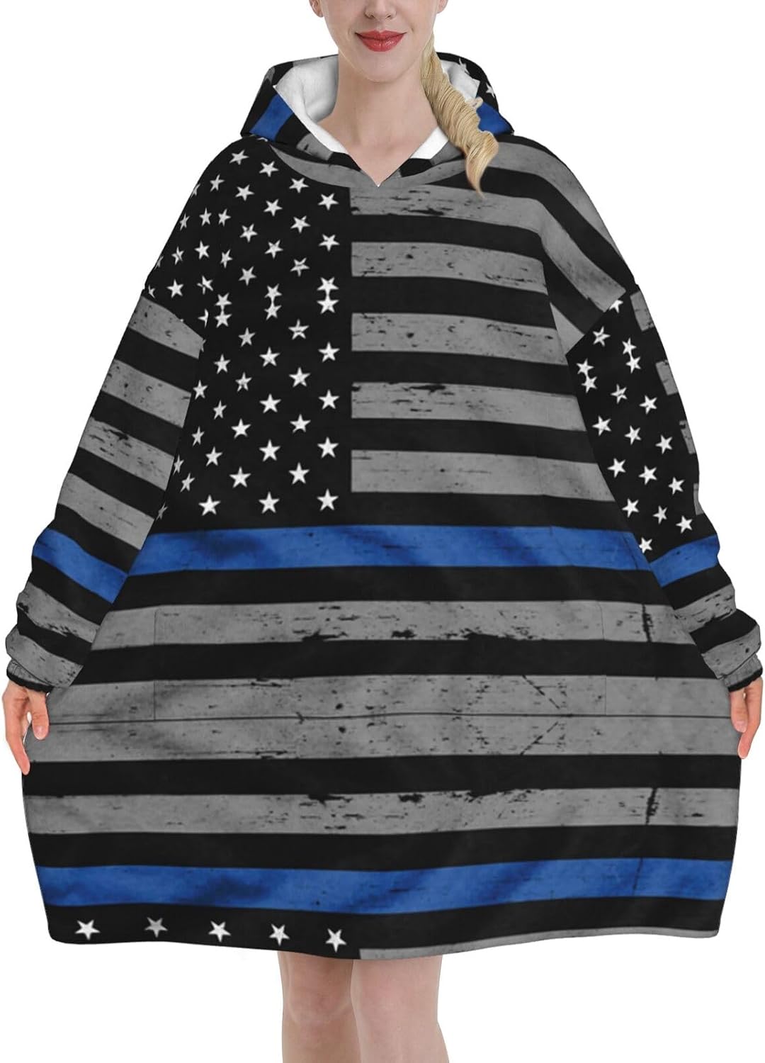 MUSM American Thin Blue Line Flag Print Blanket Hoodie Fleece Sweatshirt Blanket With Sleeves And Pockets
