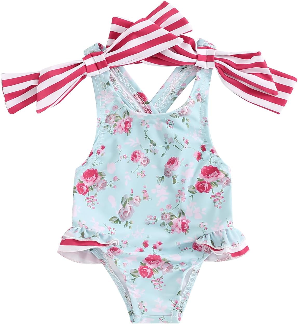 Toddler Kids Girls Bathing Suit Floral Print Bowknot Swimwear Sleeveless Ruffles One Piece Girls Swimsuit