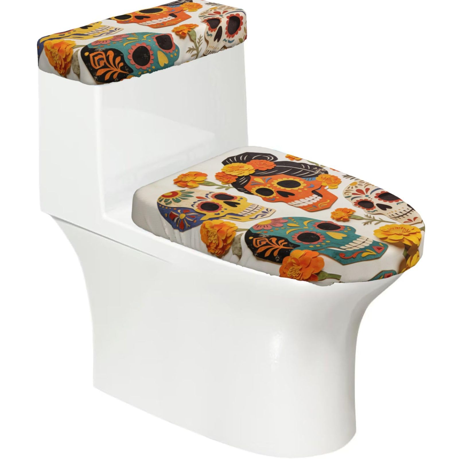 Duykimqw Black Vibrant Sugar Skulls & Marigolds Print Bathroom Toilet Lid Cover