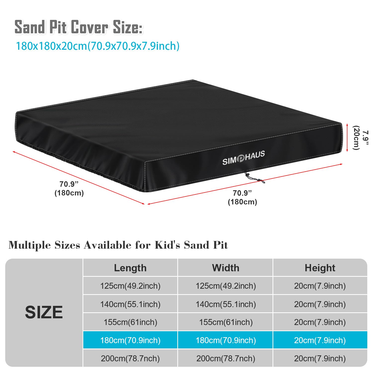 SIMPHAUS Copertura Sabbiera 180x180x20cm,Copertura per Sabbiera Impermeabile,Copertura Protettiva Sabbiera per Bambini e Piscina da Giardino,Protezione UV Tessuto Oxford 420D,Resistente,Antivento