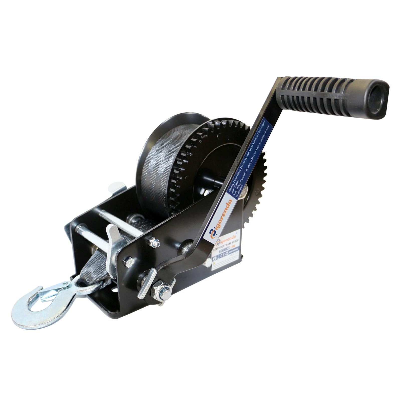 Hand Winch, Heavy Duty Boat Trailer Winch Hand Winch with 10M (33FT) Polyester Strap and Two-Way Ratchet, 1600LBS Pulling Capacity, Manual Operated Hand Crank Winch for Trailer, Boat or ATV Towing — view 10