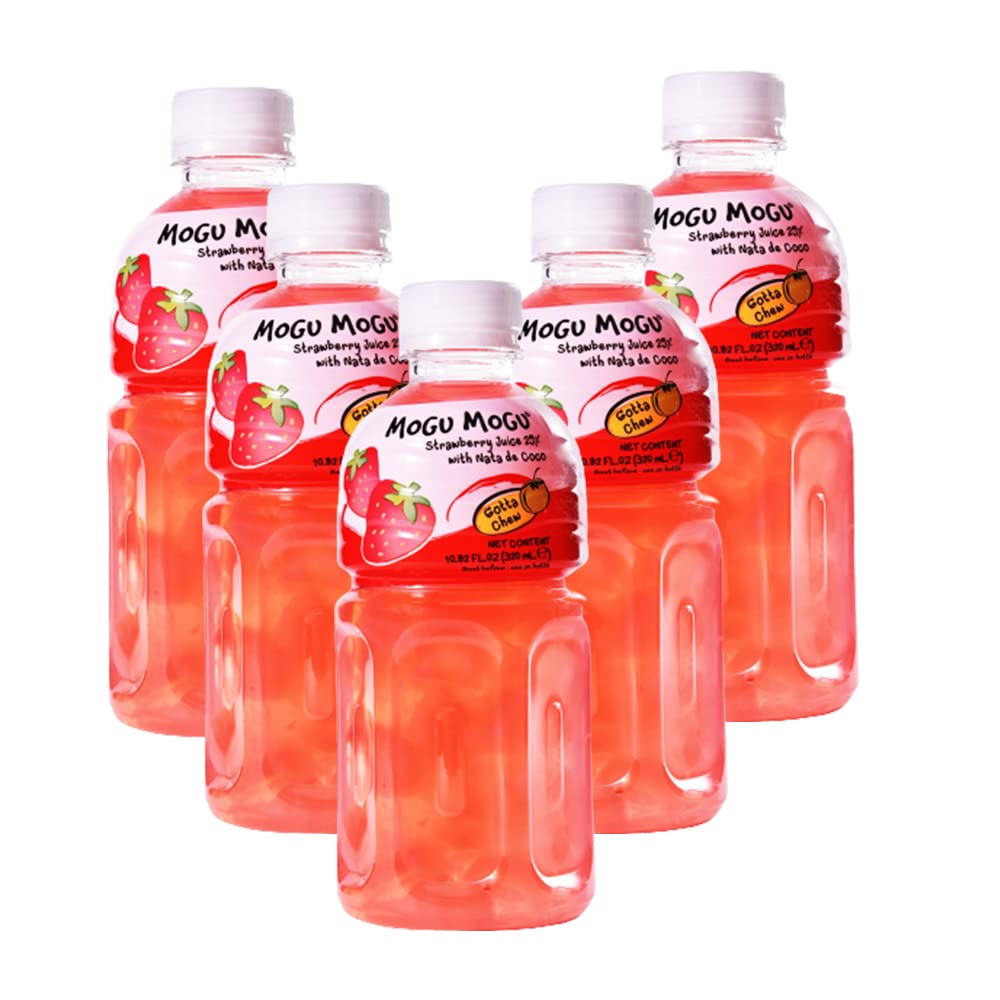 Mogu Mogu Varied Flavored Drinks - Nata De Coco Juice - Jelly Texture - Refreshing Taste - Fun Drinking During Hot Summers Or Take Them on Trip & Picnics (Strawberry 320ML, Pack of 5)