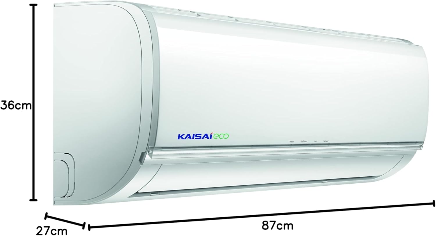 Diagram showing the dimensions of the KAISAI Eco air conditioner: 87 cm length, 27 cm depth, and 36 cm height.