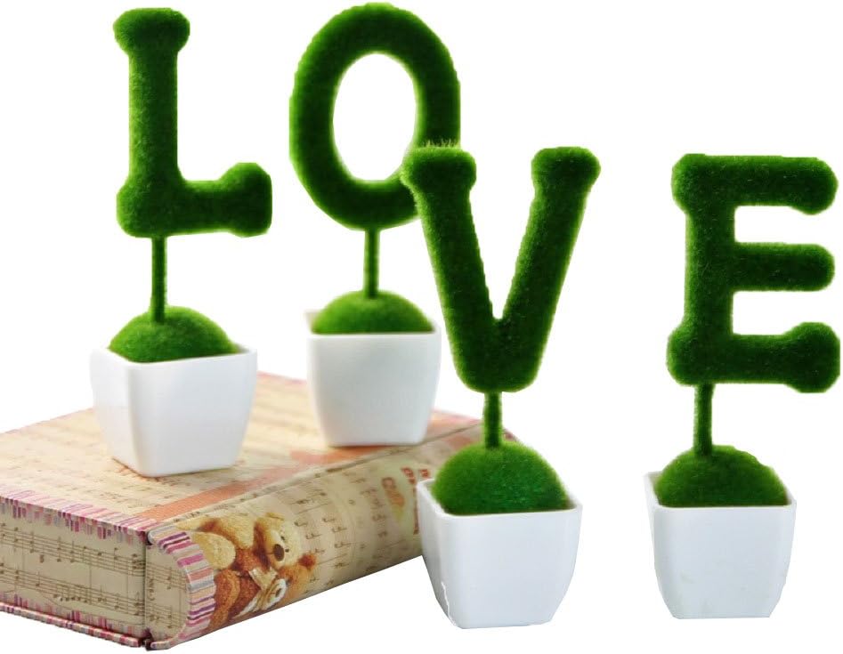 Creative Artificial Turf Greeny Decor,Set of 4 Artificial Plants in Pots LOVE Topiary Set Faux Green Grass Hedge Letters Fake Green Potted Plant for Home Wedding Decor