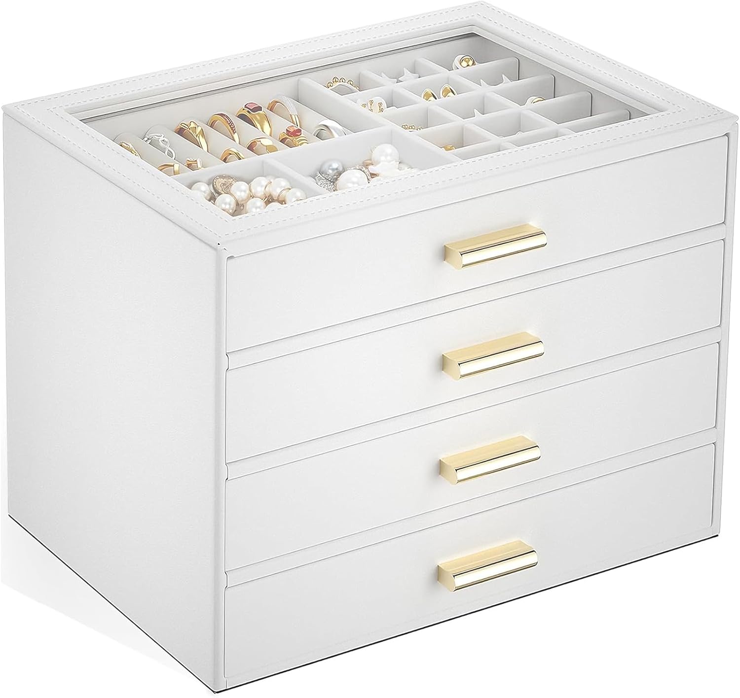 AKOZLIN Jewelry Box with Clear Lid Functional Leather Jewelry Storage Organizer Case 4 Drawers for Women Girls Necklace Ring Bracelet Earring