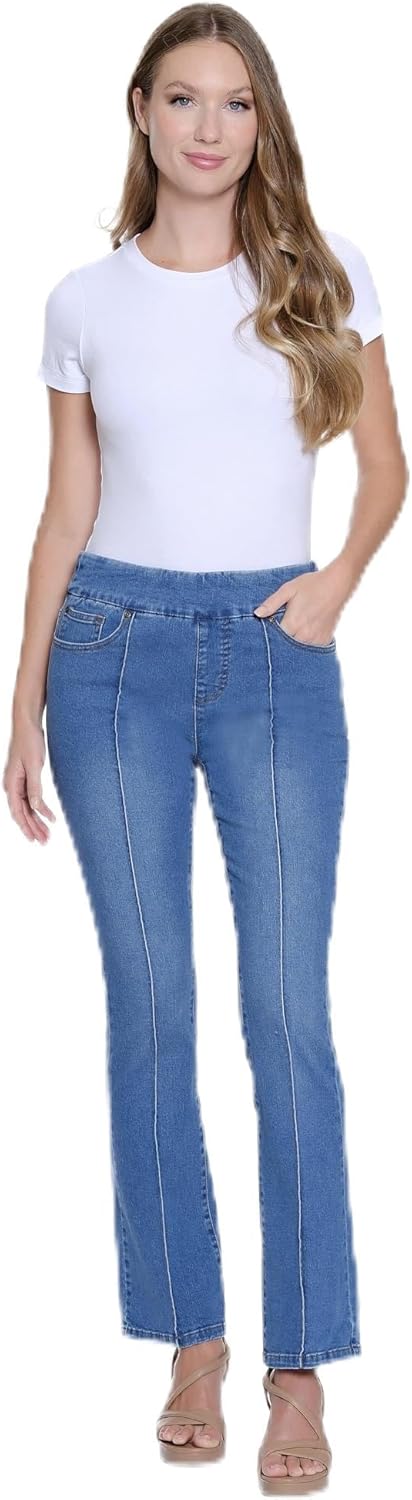 SLIM-SATION Women's Pull on Pintuck Flare Leg Jean with Real Front and Back Pockets