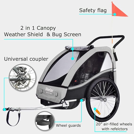 Veelar Bike Trailer & Stroller 2 in 1 Double Seat for Toddlers, Kids, Child Bicycle Carrier Jogger