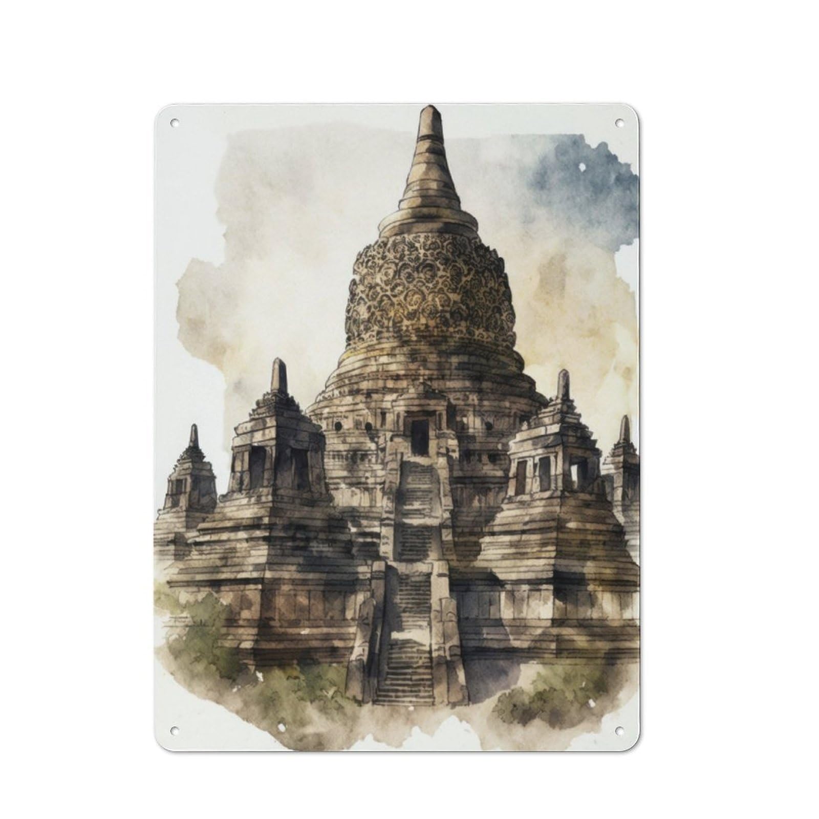 Junmoney Borobudur Temple Painting Printed Metal Sign 40X30cm For Living Room Or Hallway, Suited To Hallway Decor Fans