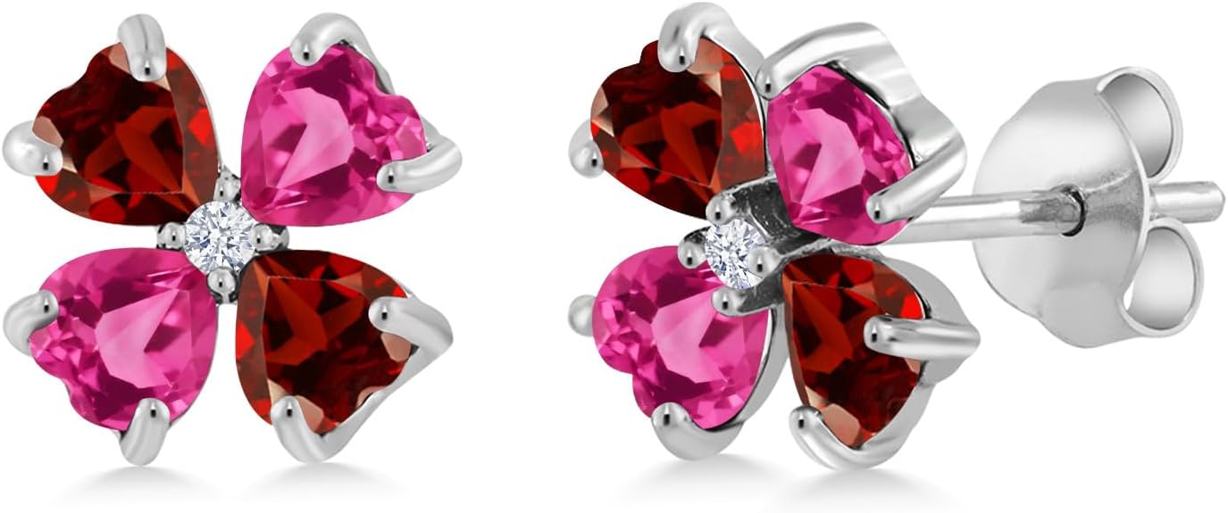 Gem Stone King 925 Sterling Silver Red Garnet and Pink Created Sapphire Earrings For Women | 3.35 Cttw | Gemstone January Birthstone | Heart Shape 4MM