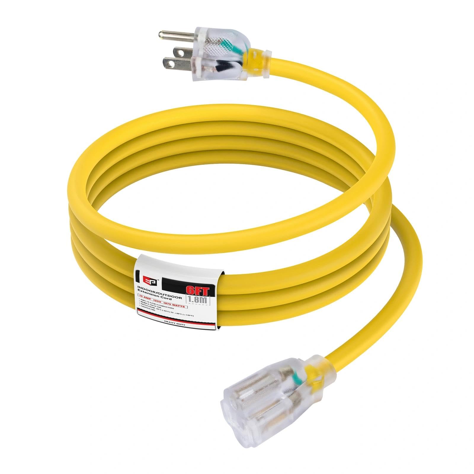 EP Cable de extensión para exteriores iluminado de 14/3 de calibre 14, SJTW, cable de extensión amarillo resistente con enchufe de tierra de 3 puntas, ideal para césped, jardín, electrodomésticos