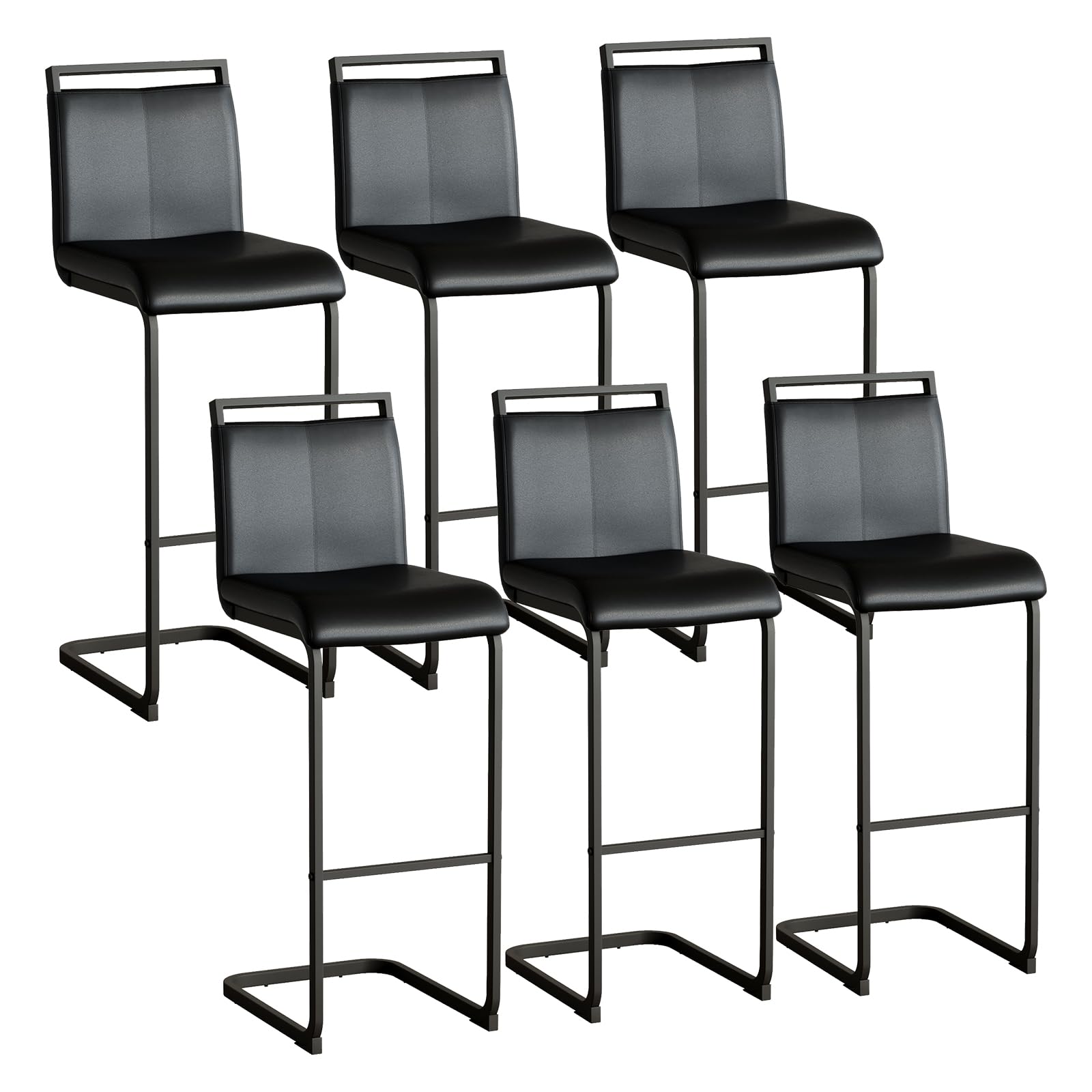 30'' Counter Height Bar Stools Set of 6, Modern Upholstered PU Leather Bar Stools with Back Chrome Plated Metal Frame, 30 inch Armless Bar Chairs for Kitchen Island (Black+Black, Set of 6)