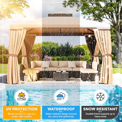 SUNCROWN 10 x 10 FT Outdoor Gazebo for Patio Iron Frame Garden Permanent Gazebo with Vented Soft Canopy and Mosquito Netting, Khaki