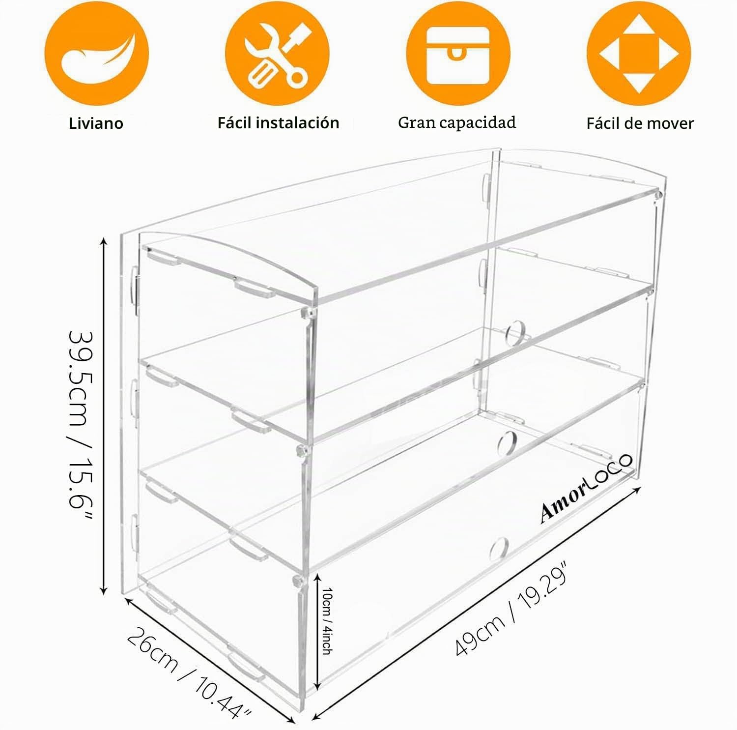 AmorLoco Vitrina 3-niveles para panadería, pastelería, vitrina acrílica transparente, gabinete comercial, sándwiches, pan, caja de donas, queso, galletas, organizador