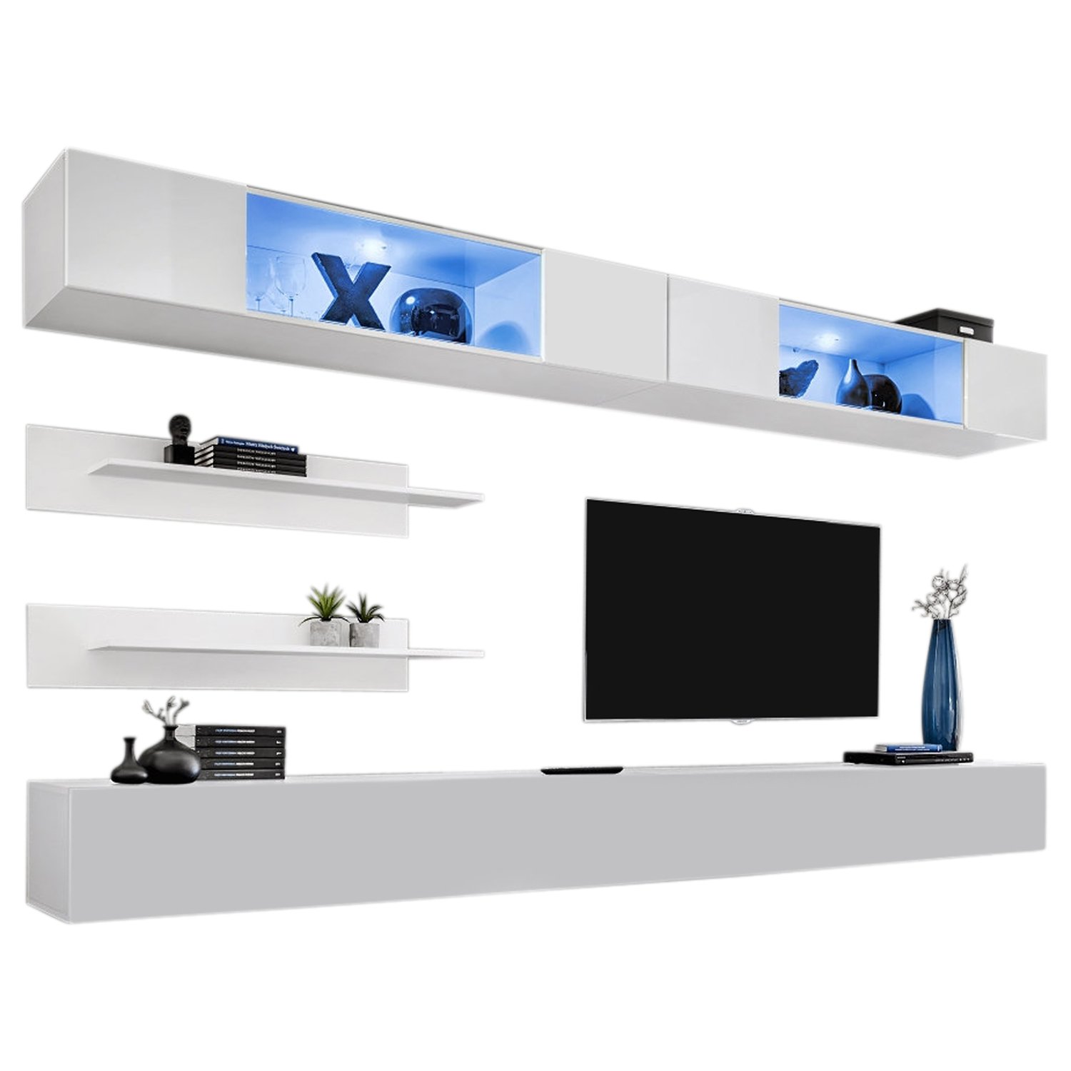 MEBLE FURNITURE & RUGS Wall Mounted Floating Modern Entertainment Center Fly I (White, I3)