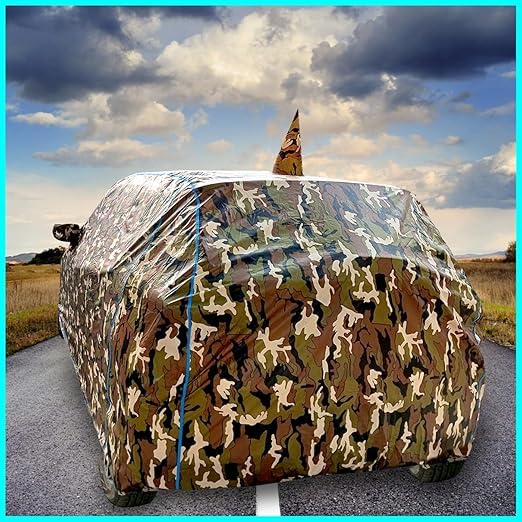 Image of Waterproof Car Body Cover Compatible with Mahindra Scorpio N Z8 Diesel at Mirror Pocket and Antenna Pocket, Triple Stitched (Jungle Print with Blue Piping Design)