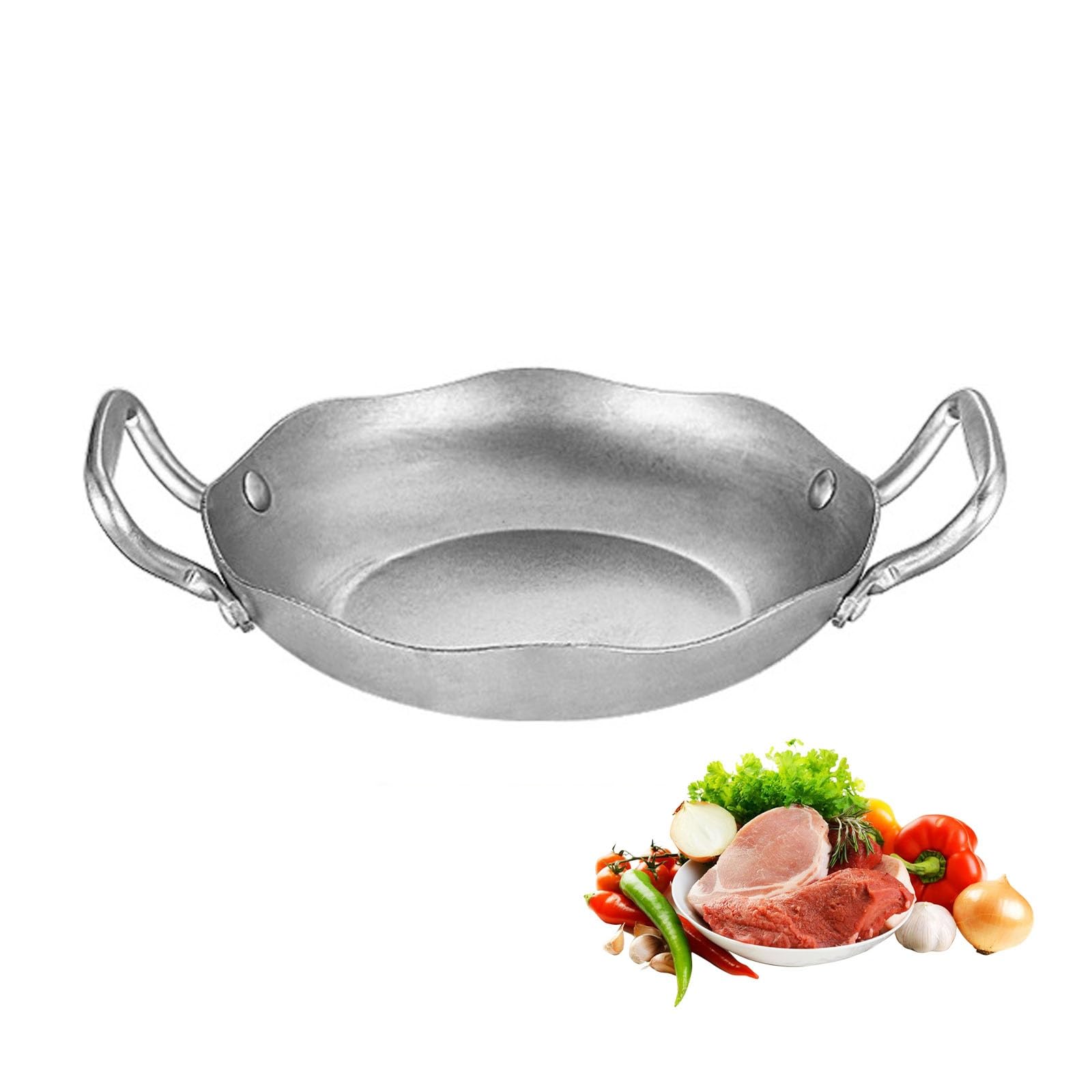 Paellera de acero inoxidable con doble oreja, olla versátil para inducción, mariscos y pasta, ideal para uso doméstico y restaurante
