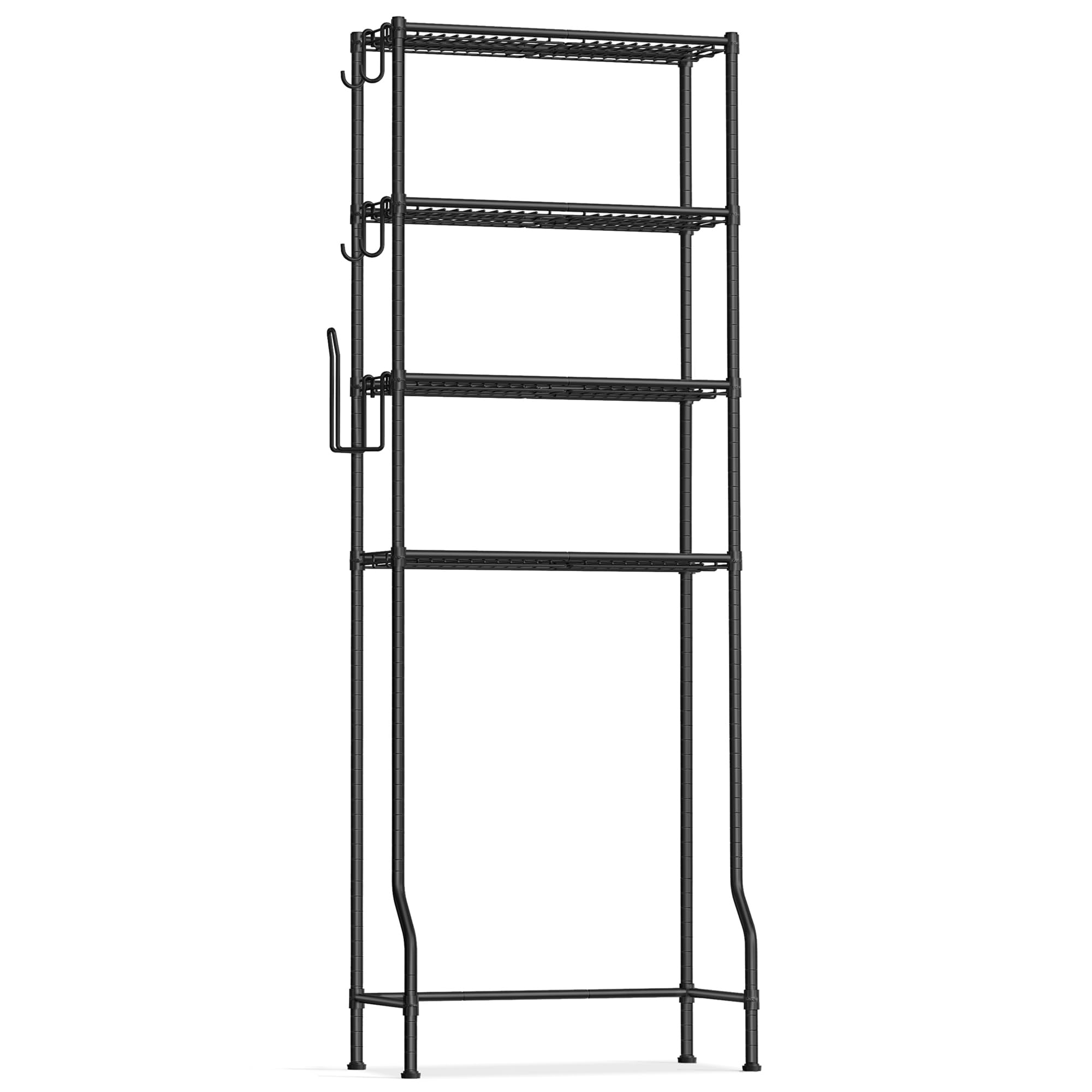 SONGMICS Scaffale sopra WC a 4 Ripiani, Scaffale da Bagno in Metallo, Ripiani Regolabili, con 4 Ganci e Portarotolo, Salvaspazio, 30 x 63 x 176 cm, Nero BTS013B01
