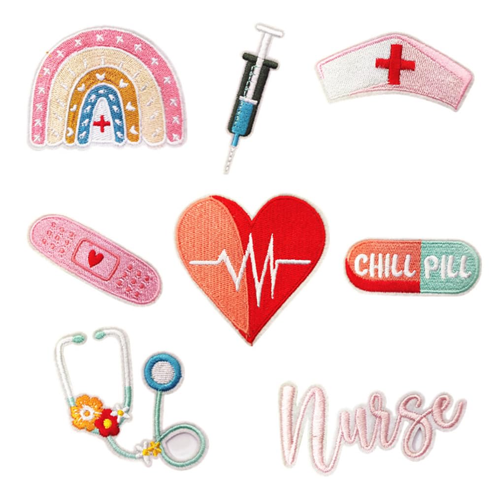 8PCs Nurse Embroidered Patches Cute Stethoscope Needle Medical Nursing Sew Iron on Applique Clothing Suits Jacket Hat Role Play Decorative Repair Patch Doctor Nurse Gifts DIY Crafts Accessories Sticke