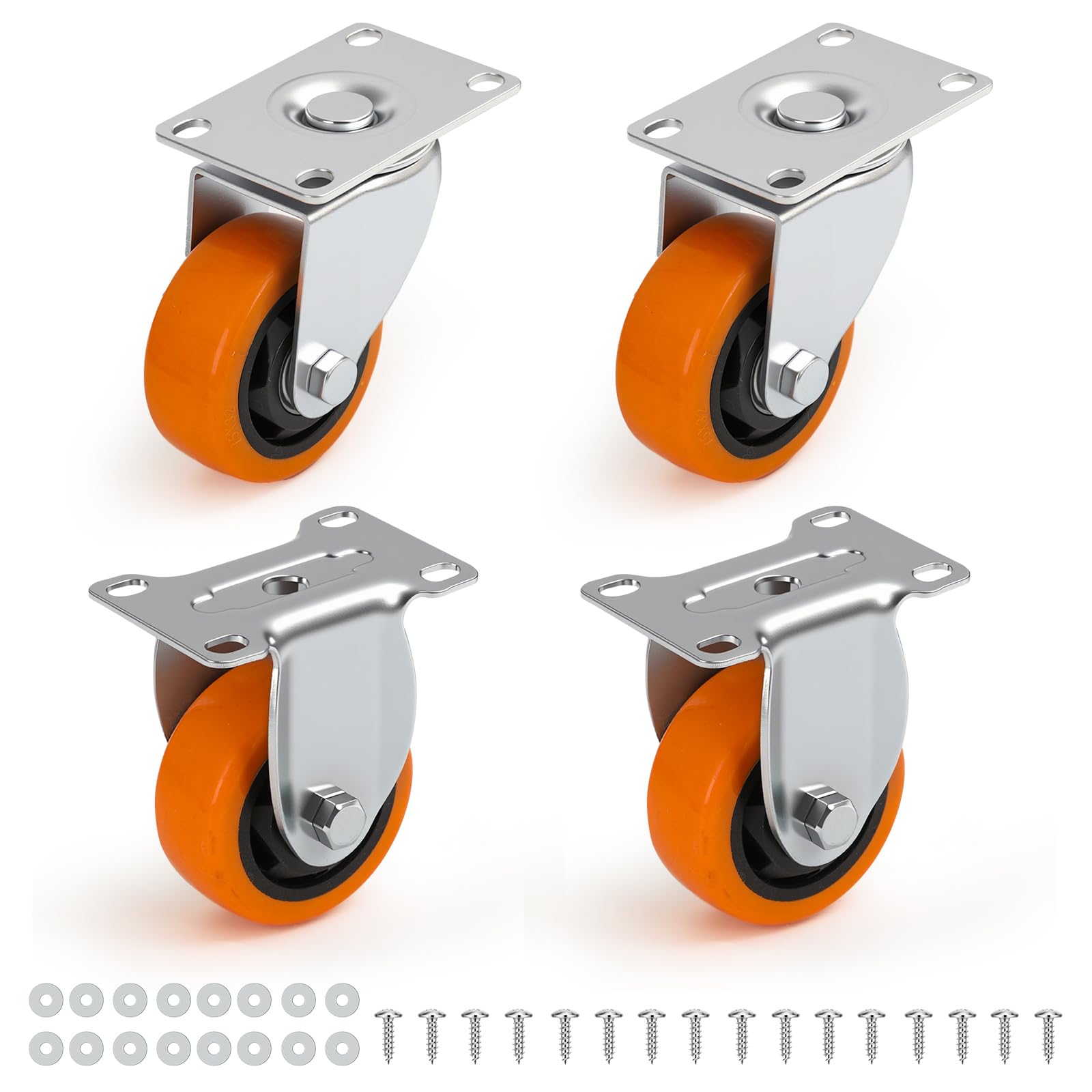 Nfbcxutkw 2 Rigid + 2 Swivel Casters 3 Inch Heavy Duty Casters Set Of 4, 2 Rigid + 2 Swivel, Orange Pu