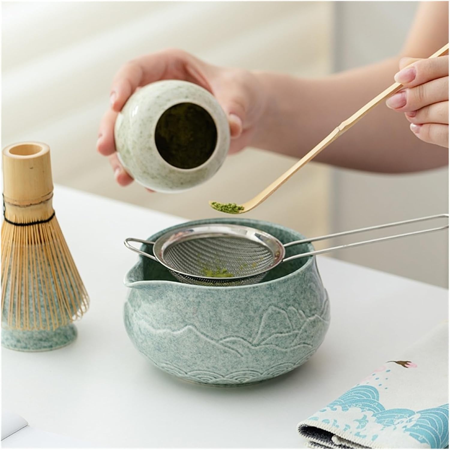 Spout Matcha Bowl Set Kitchen 2PCS Ceramic Embossed Whisk Hold Kit With Accessories(A-2PCS)