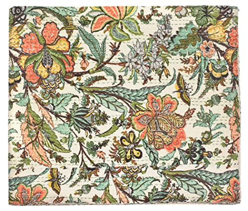 Handicrafts Plus White Kantha Quilt Cotton Bedspread Handmade Bedcover Indian Blanket Butterfly Print Throw Hippie Coverlet King Size Blanket