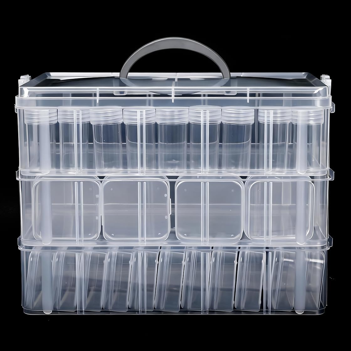 Bundooraking 3-Layer Transparent Storage Box with 104 Mini Containers, Stackable Organizer Case for Beads, Jewelry, Crafts, Sewing, Small Parts