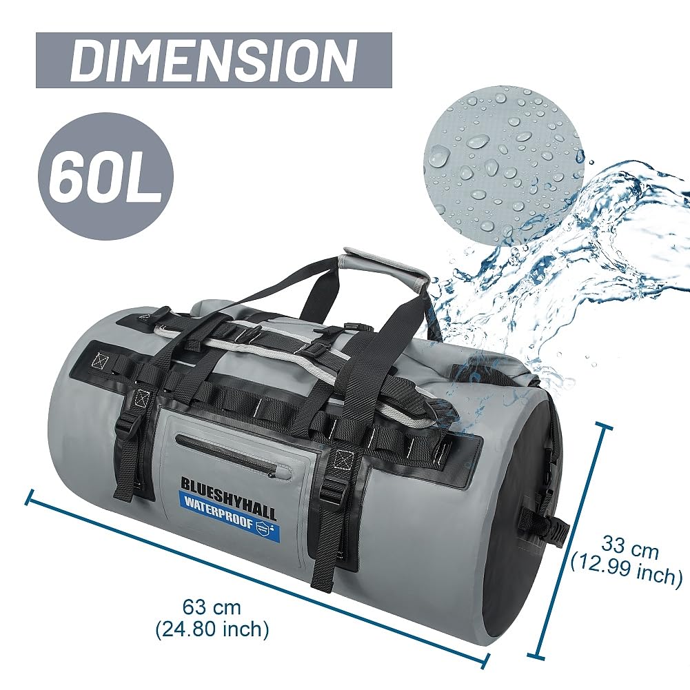 60L Sac à Dos étanche avec Cordes élastiques, Sacs étanches Moto, Sac à Dos pour Le Rafting, Le Kayak, Le canoë, Sac de Selle, Gris