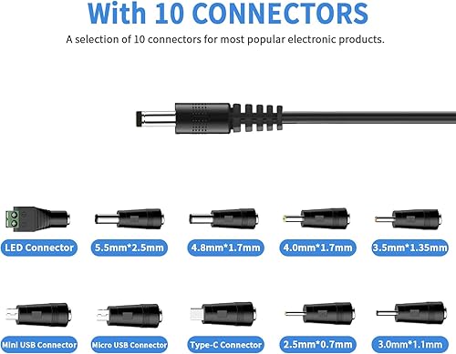 Miniatura 2 de Adaptador de cable de alimentación CC de 5 V 1 A con 10 conectores, cargador universal de CACC para cámaras de seguridad, monitores de bebé, cajas