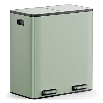 VonHaus Kitchen Bin, 60L Double Recycling Bin for Kitchen, Sage Green Two Section Food Waste Separation System with Non-Slip Base & Removable Inner-Compartments, Large Airtight Trash Can, 2 x 30L