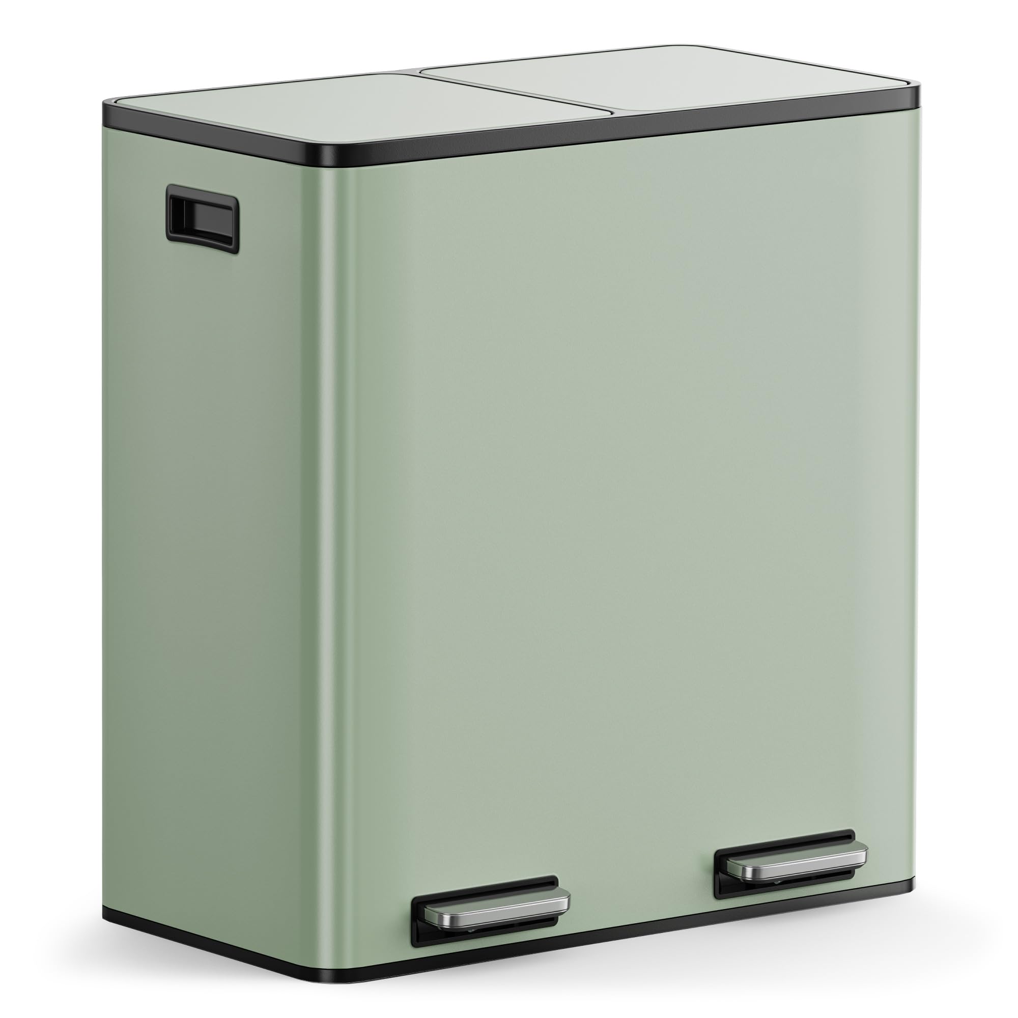 VonHaus Kitchen Bin, 60L Double Recycling Bin for Kitchen, Two Section Food Waste Separation System with Non-Slip Base & Removable Inner-Compartments, Large Airtight Trash Can, 2 x 30L (Sage Green)